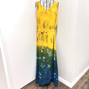 GABRIELLE Vintage Dress Plus Size 16 Sleeveless Maxi Belted Yellow Hawaiian